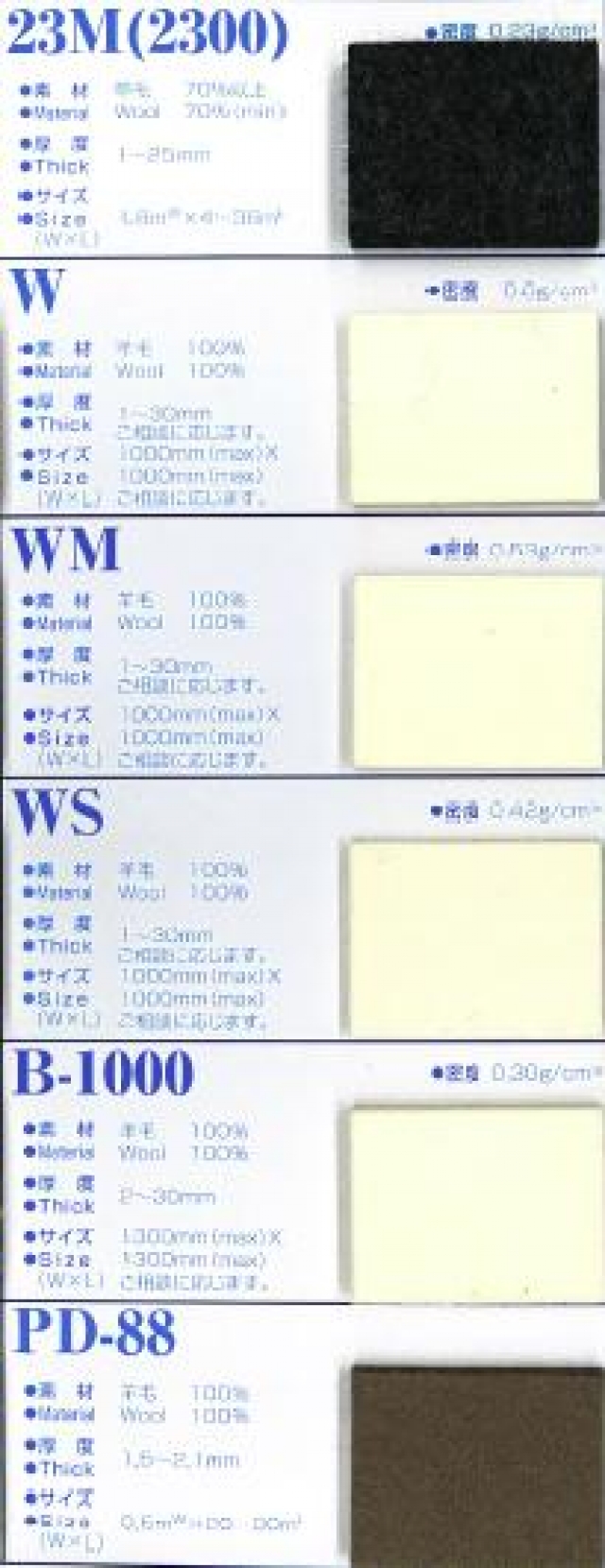 23M/W/WM/WS/B-1000/PP-88/羊毛フェルト